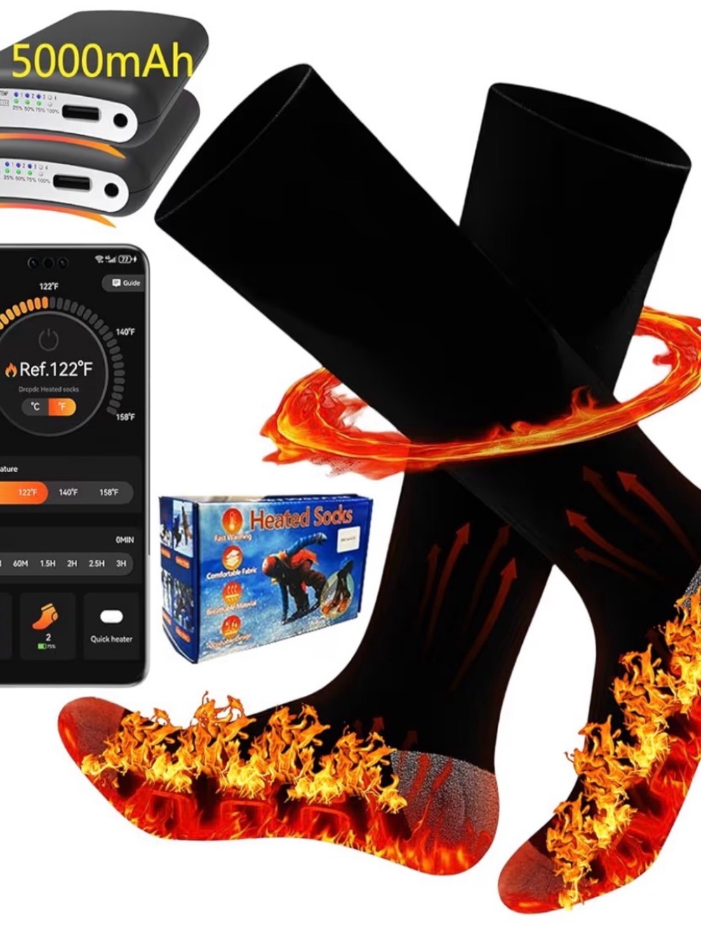 Heated Socks - Black Thermal Socks with Flame Accent One Size
